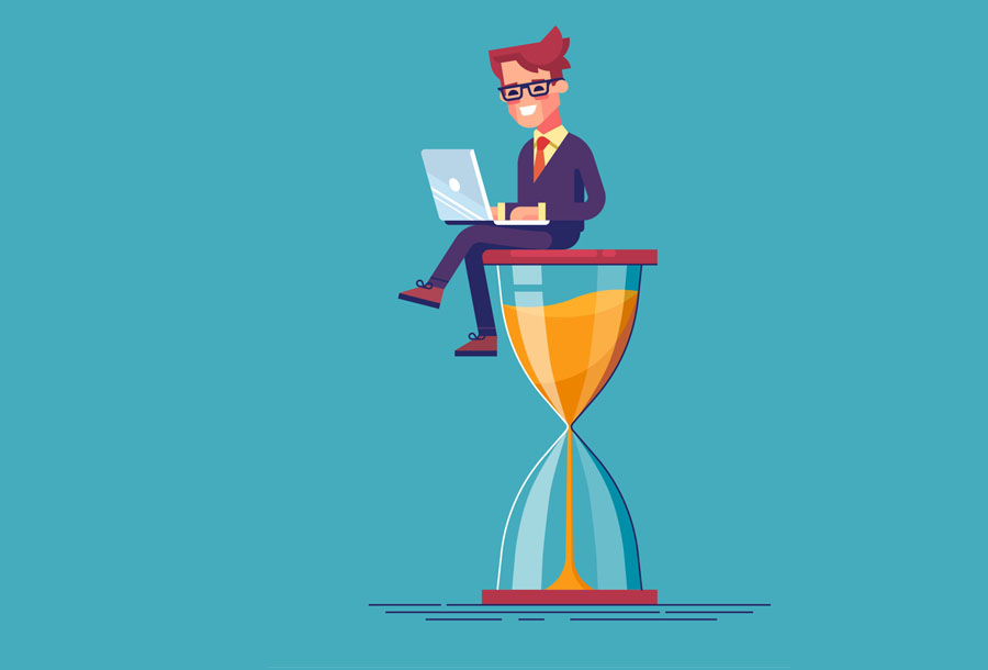 Businessman sitting on the hourglass with laptop legs crossed